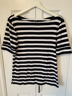 Ralph Lauren Boat Neck Roll Sleeve Black White Breton Stripe Tee Shirt Large